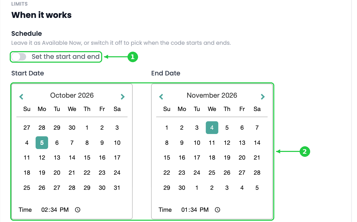 The schedule switched off, showing the Start Date and End Date calendars