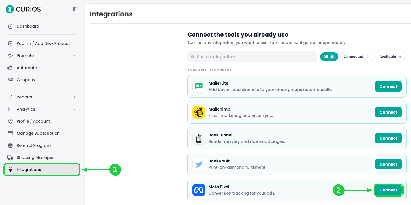 The Integrations page with Integrations in the menu and the Meta Pixel Connect button highlighted