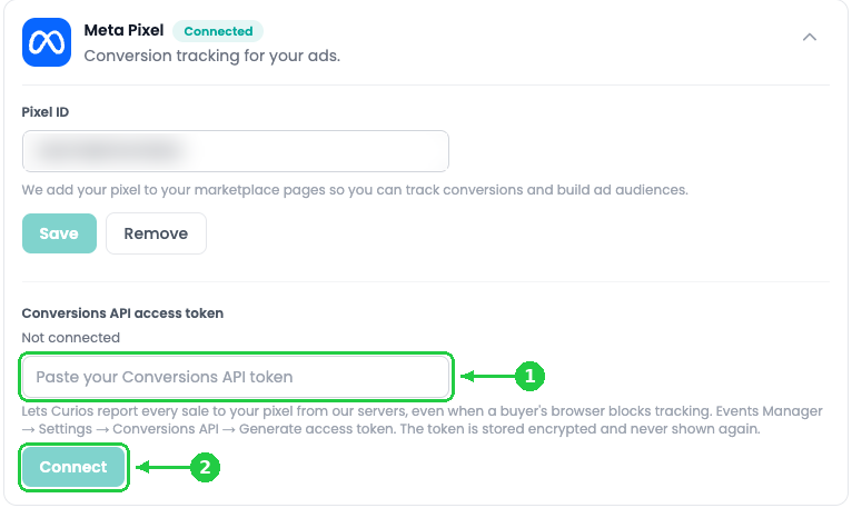 The connected Meta Pixel card with the Conversions API access token field and Connect button highlighted