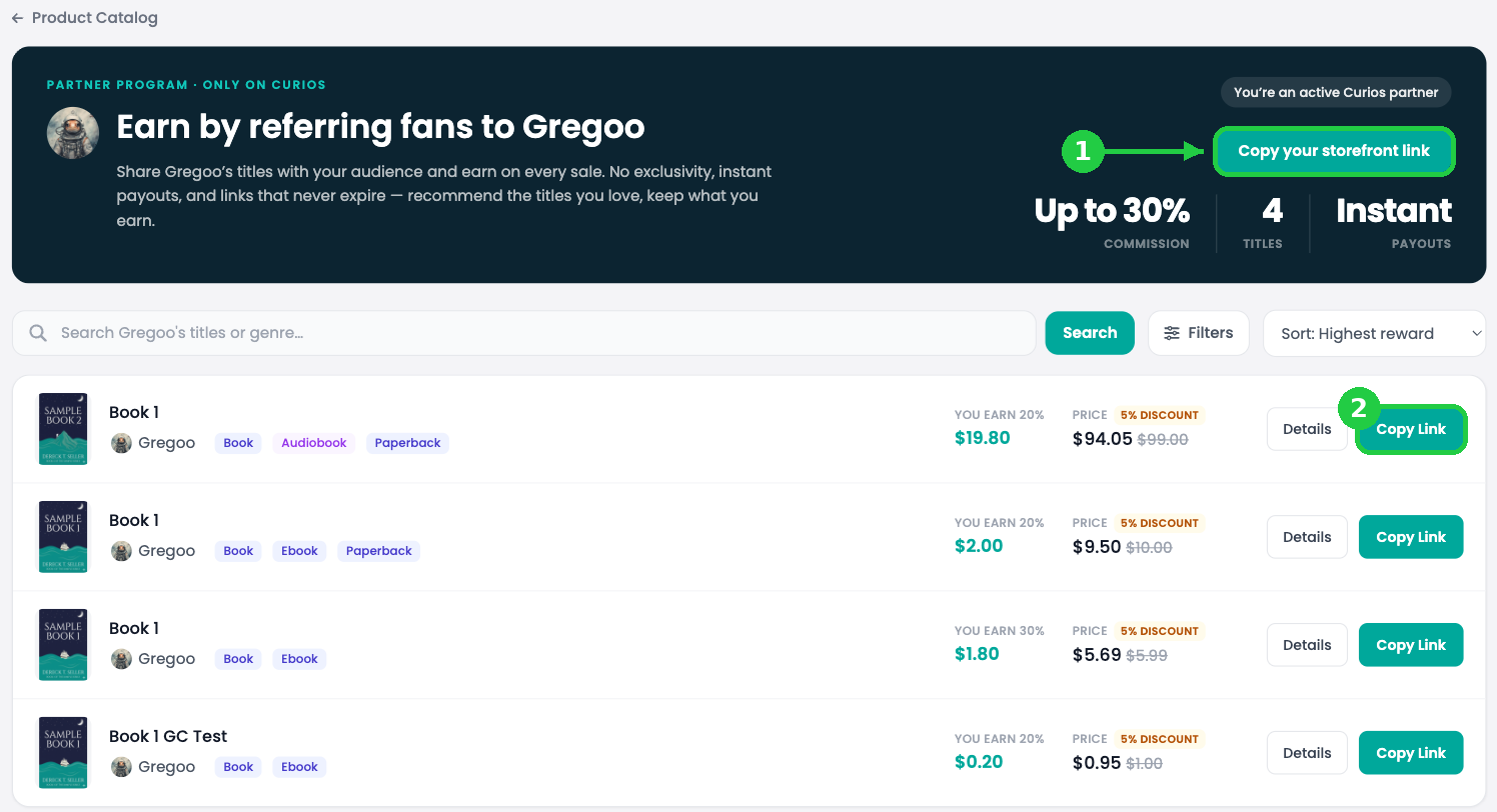 A creator's catalog page with the Copy your storefront link button and product Copy Link buttons