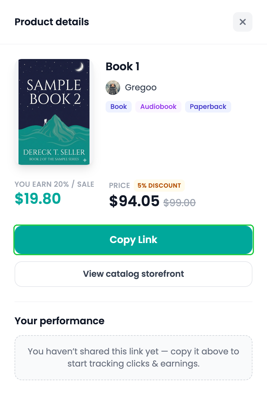 The Product details panel with what you earn, the price and the Copy Link button