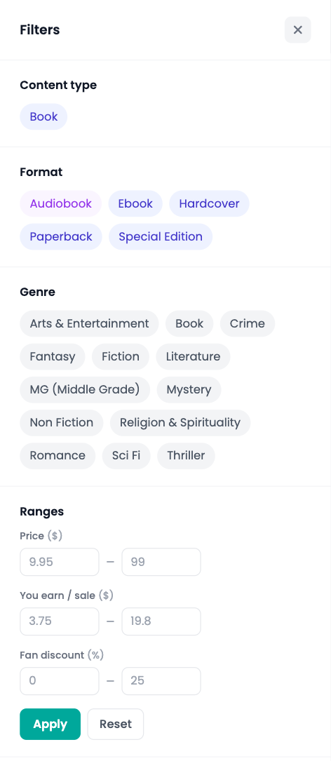 The Filters panel with content type, format, genre and range filters