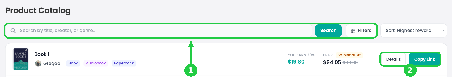The catalog search bar, Filters, sort menu, and a listing with Details and Copy Link
