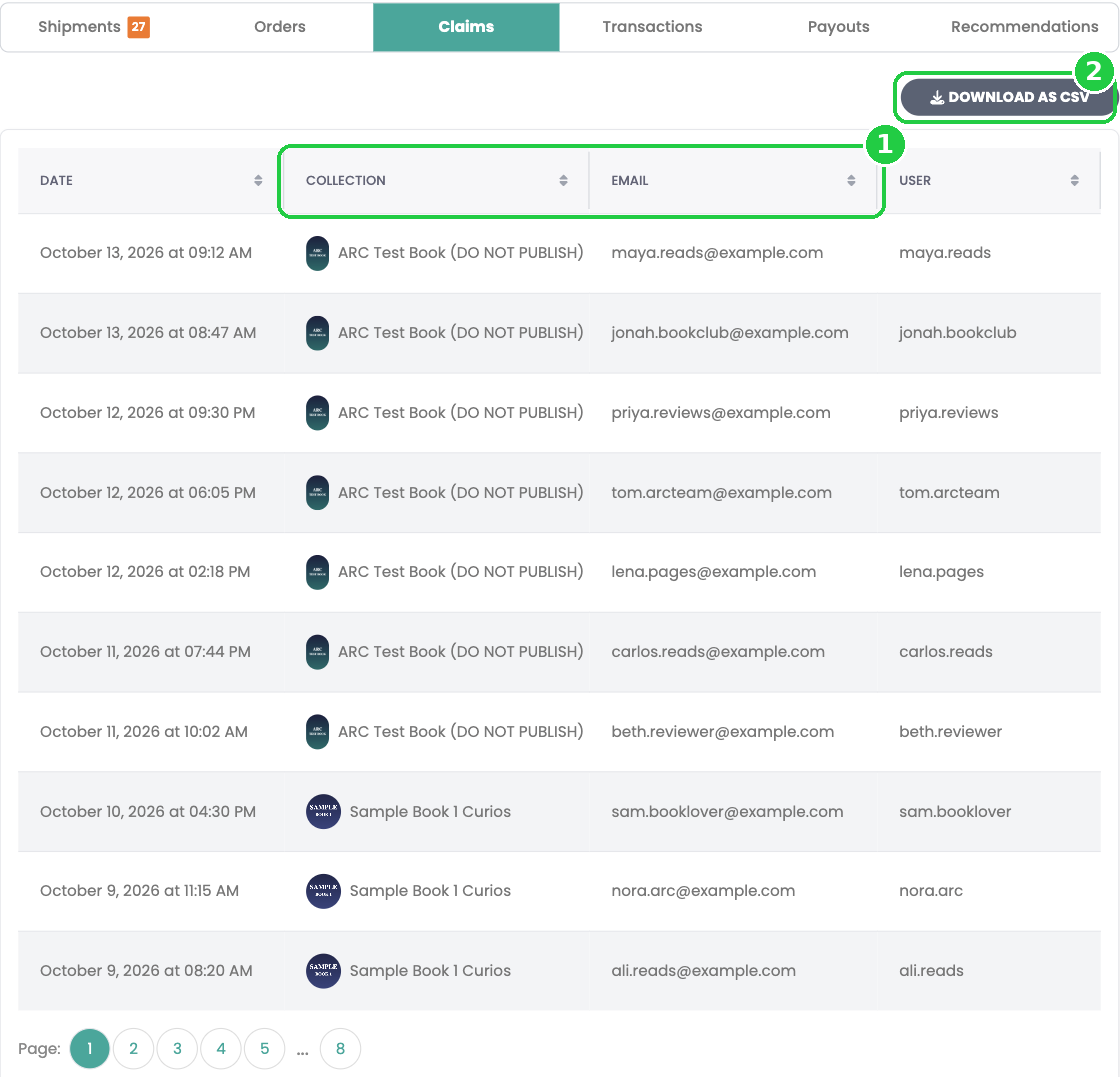 The Claims report with each reader's email and the Download as CSV button
