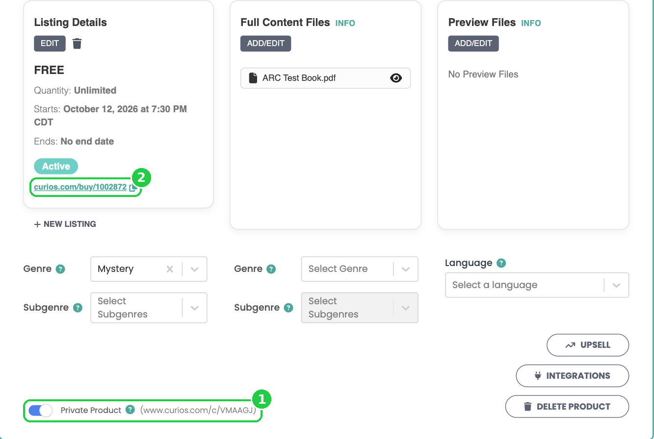 The Private Product link and the buy link under Listing Details