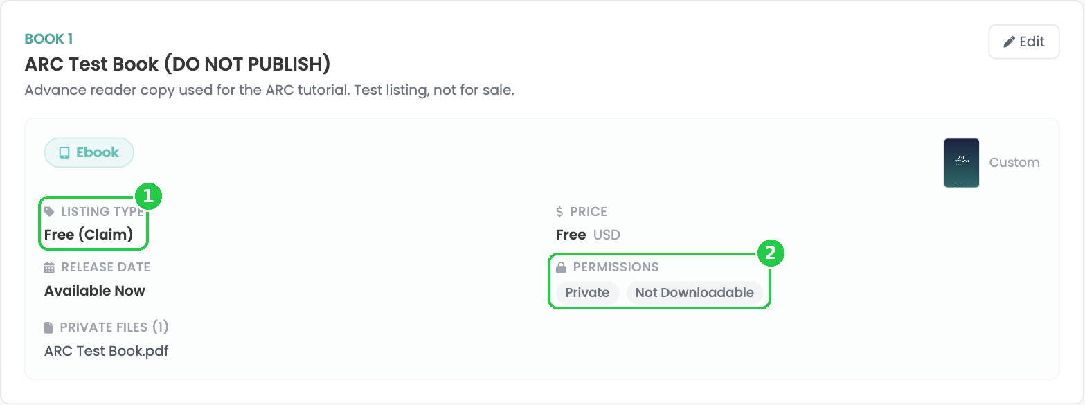 The Book Review page showing Free (Claim), Private and Not Downloadable