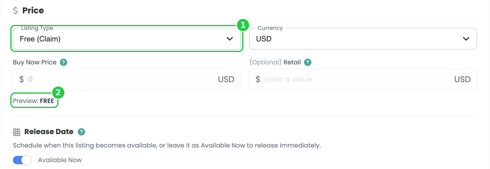 Listing Type set to Free (Claim) with the price preview showing FREE