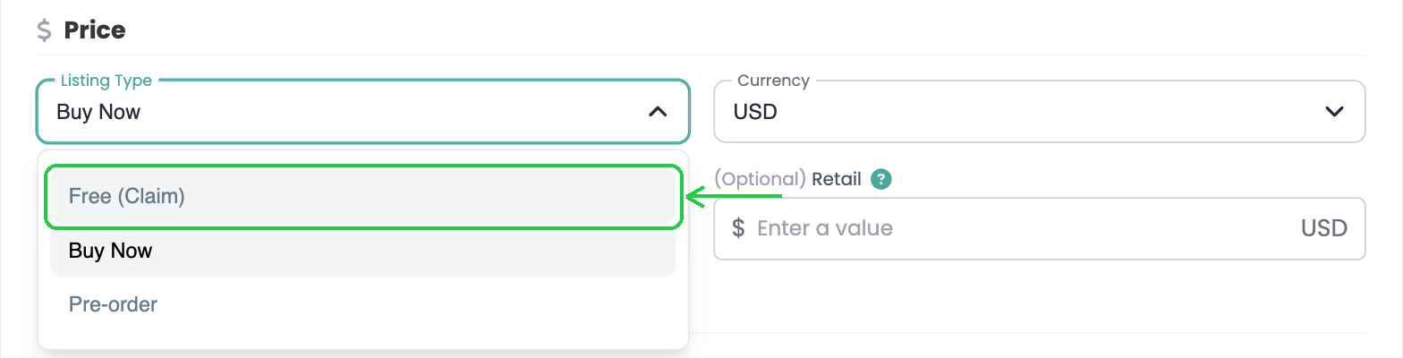 The Listing Type menu with Free (Claim) selected