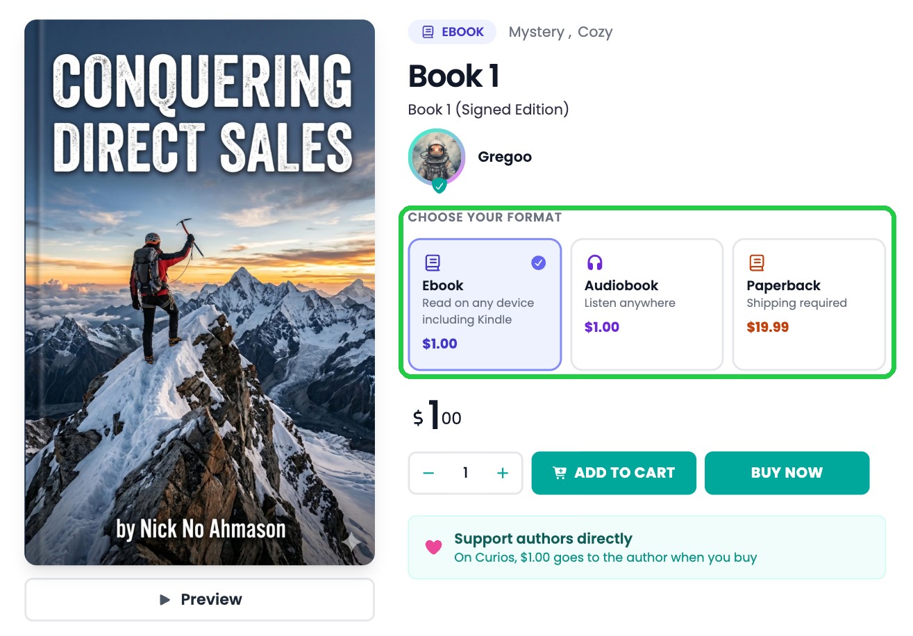 A grouped product page on curios.com showing Ebook, Audiobook and Paperback under Choose Your Format