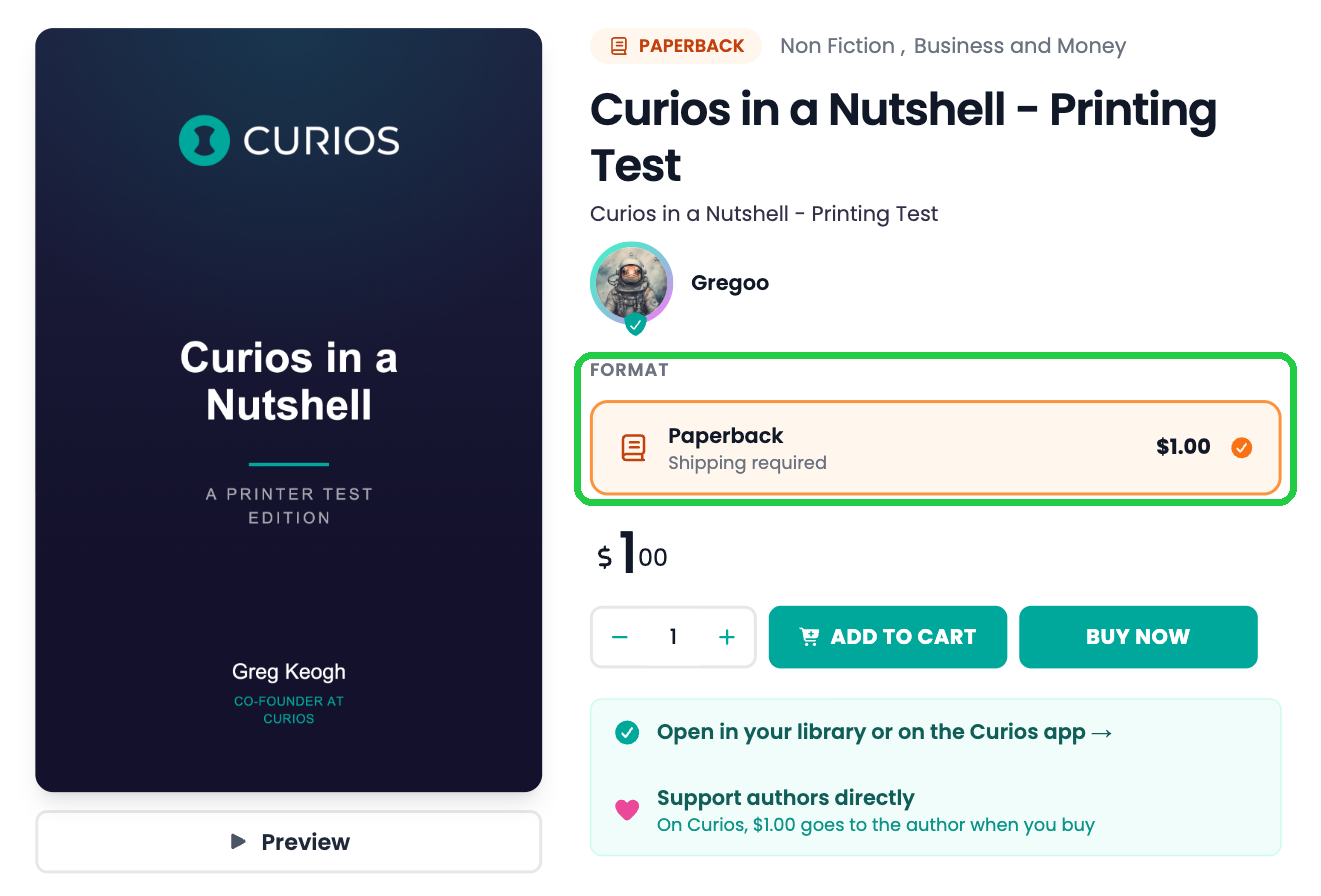 An ungrouped product page on curios.com showing a single format