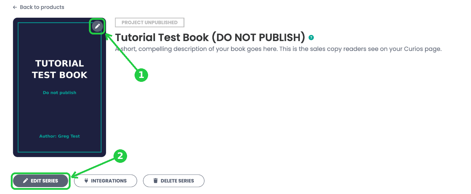 The pencil icon on the series cover and the EDIT SERIES button