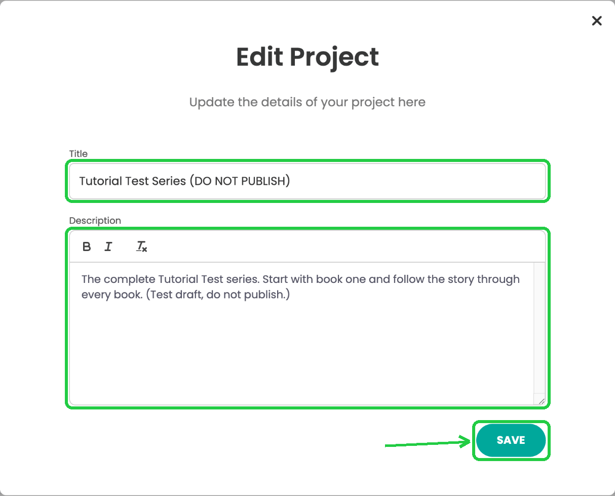 The Edit Project window with the series Title, Description and SAVE