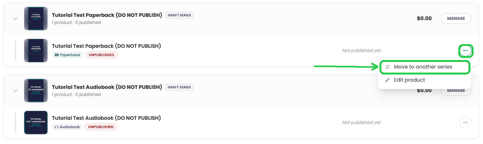 The three-dot menu open with Move to another series