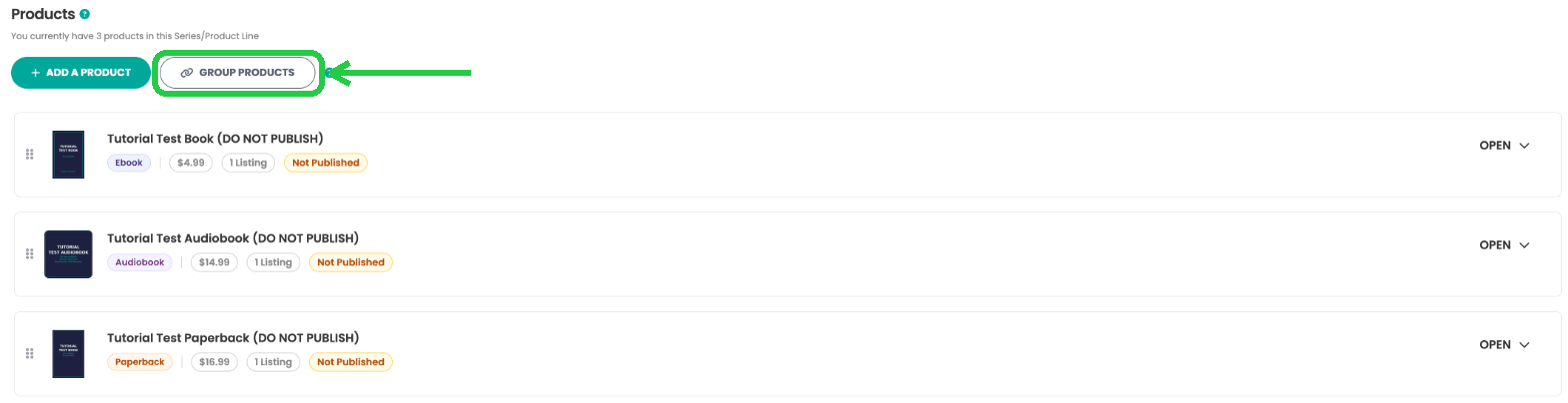 The GROUP PRODUCTS button on the series page