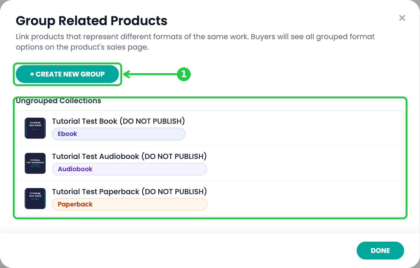 The Group Related Products window with + CREATE NEW GROUP and the Ungrouped Collections
