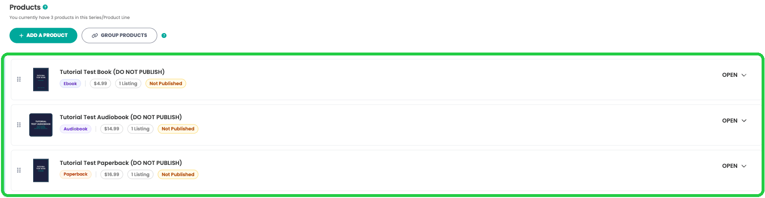 The series page with the three formats grouped together