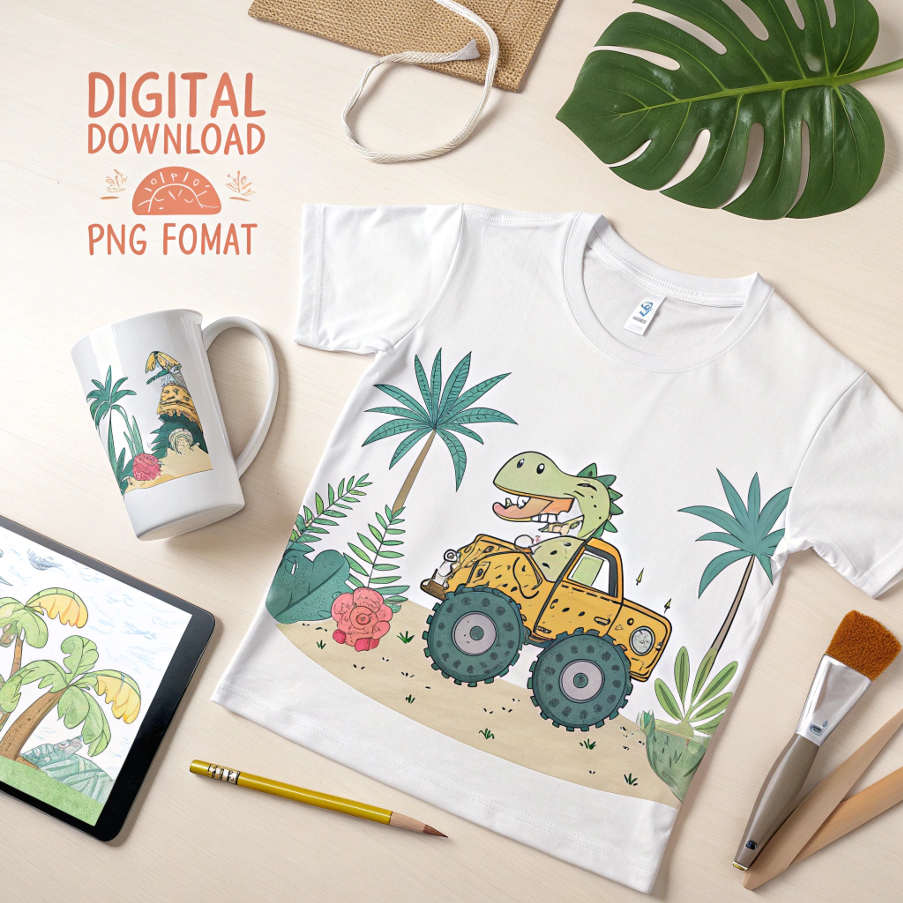 "Dinosaur Riding Monster Truck – High-Quality PNG Sublimation Graphic, Instant Digital Download"