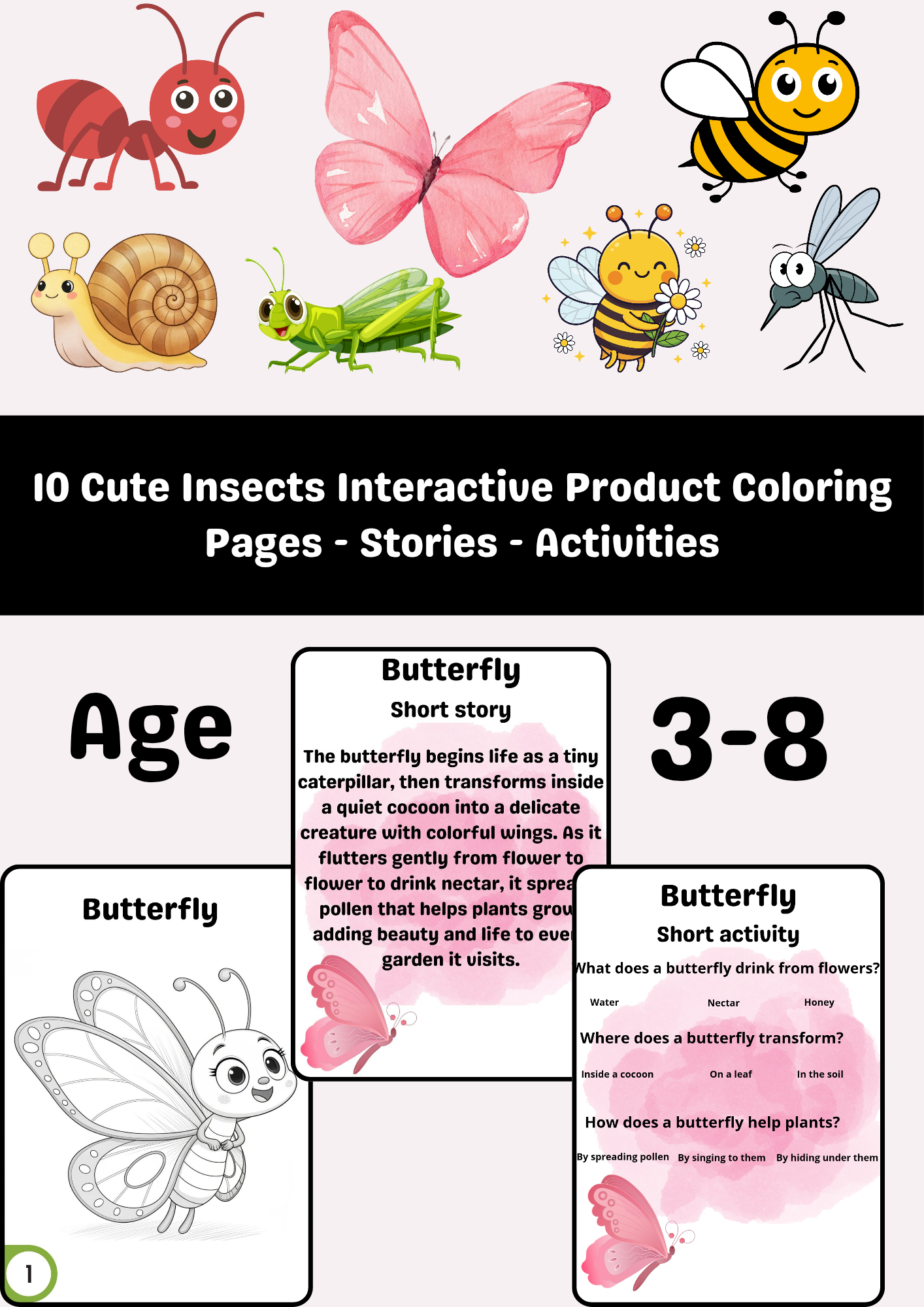 Cute Insects Interactive Coloring & Activity Book for Kids (Ages 3–8)