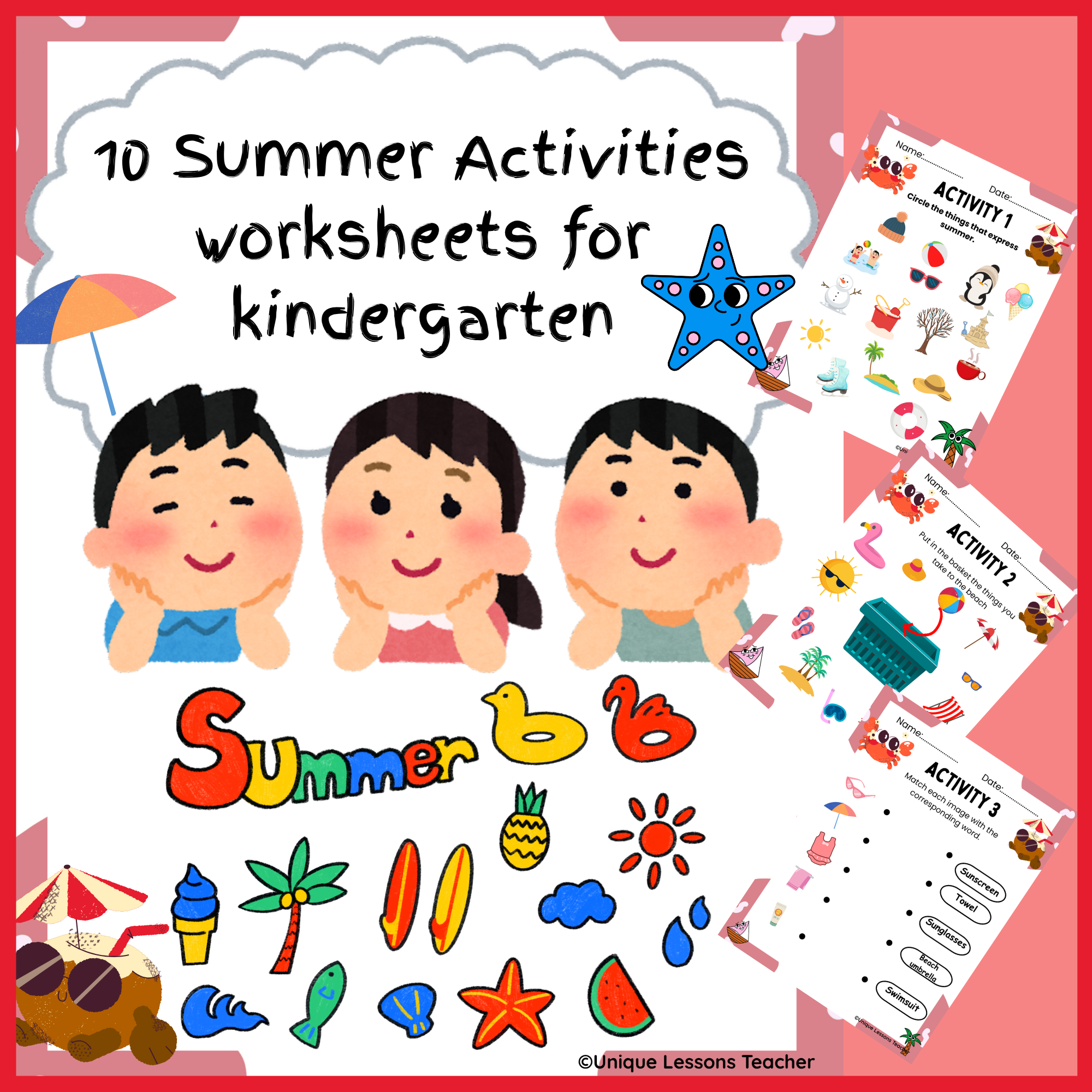 10 Summer Activities worksheets for kindergarten